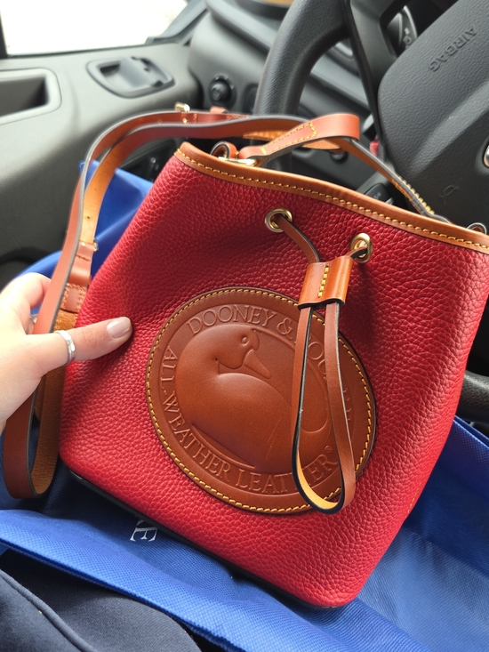 Dooney & Bourke Handbags - Dooney & Bourke Red Pebbled Leather Bucket Crossbody with Tan Trim